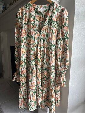 Pomander Place Tiered Long Sleeve V-Neck Dress Cream, Green & Peach Floral Print